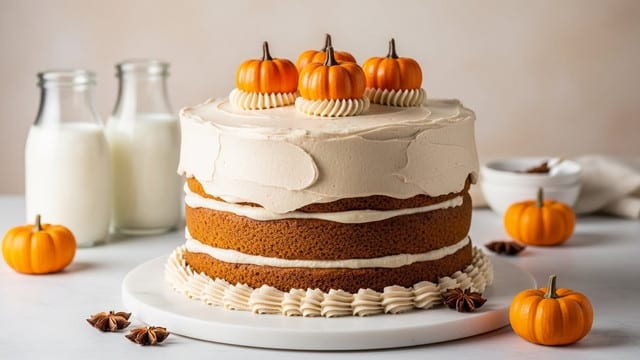 A three-layer pumpkin cake with a light orange-brown color, each layer is separated by creamy white frosting, and the whole cake is covered with smooth, light brown frosting with a soft swirl texture on the sides. Four small decorative orange pumpkins with brown stems sit on top of the cake. The cake is placed on a round white marble board, with small orange pumpkins and star anise scattered around on the same white marbled surface. Two glass bottles with milk are blurred in the background against a soft beige backdrop. Photo taken with an iphone --ar 4:5 --v 7