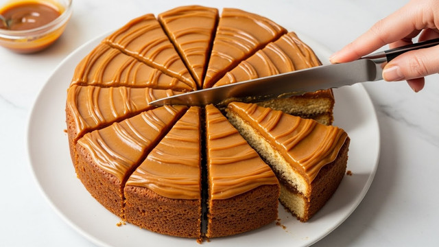 The image shows a round cake cut into eight equal slices on a white plate. The cake has a soft light brown base with a smooth caramel-colored glaze evenly spread on top of the cake layer. The glaze has a shiny texture and looks creamy. A woman's hand is holding a knife that is halfway through cutting one slice, with the knife blade positioned from the center outward. The background has a white marbled texture, and a small glass bowl with a caramel sauce can be seen in the top left corner. Photo taken with an iphone --ar 4:5 --v 7