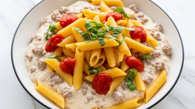 The image shows a close-up view of a white bowl filled with creamy pasta. The pasta consists of yellow penne noodles mixed in a smooth, white cheese sauce that forms the first layer, covering the bottom and middle of the bowl. Scattered evenly across the dish are browned ground beef pieces creating a textured second layer. Small red tomato chunks add bright pops of color, and chopped green basil leaves are sprinkled on top as the final thin layer, giving a fresh look. The bowl sits on a white marbled surface, and the edges of the bowl have a thin black rim. photo taken with an iphone --ar 4:5 --v 7