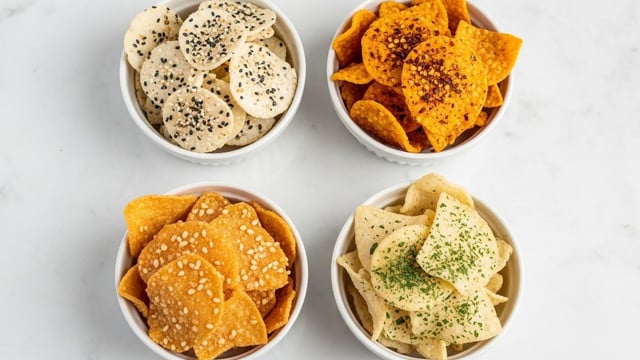 Four small white bowls sit on a white marbled surface, each filled with different crispy chips. The top left bowl holds thin, white chips sprinkled with coarse black and white seeds. The top right bowl has golden-brown chips covered with red chili flakes and seeds. The bottom left bowl contains light golden, slightly thicker chips with a crunchy texture. The bottom right bowl shows pale chips topped with green herb flakes, adding a fresh look. Each bowl is neatly filled, showing the different textures and colors clearly. photo taken with an iphone --ar 4:5 --v 7