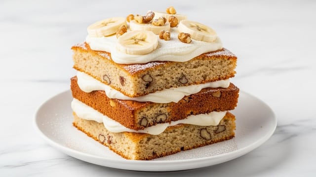 The image shows a stack of three square cake layers on a white plate, placed on a white marbled surface. Each cake layer is light brown with a soft, moist texture and has visible small nuts inside. Between each layer is a thick, creamy white frosting that looks smooth and rich. On the top layer, banana slices are neatly placed along with small walnut pieces scattered on the frosting. The cake edges are slightly browned, giving a crisp contrast to the soft inside. Powdered sugar is lightly dusted over the top, adding a delicate touch. Photo taken with an iphone --ar 4:5 --v 7