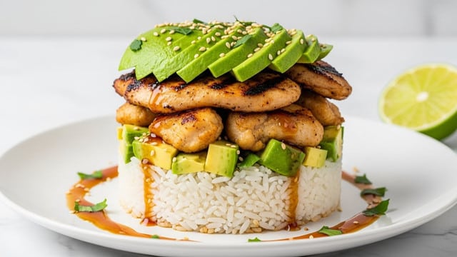 A white plate holds a stacked dish with three visible layers: a bottom layer of fluffy white rice shaped like a thick cylinder, a middle layer mixed with golden brown grilled chicken pieces and chunky green avocado cubes, and a top layer featuring larger slices of avocado resting on grilled chicken with dark caramelized edges. The dish is garnished with white sesame seeds, finely chopped green herbs, and a drizzle of shiny brown sauce pooling around the base. In the background, a wedge of lime adds a hint of green on a white marbled surface. photo taken with an iphone --ar 4:5 --v 7