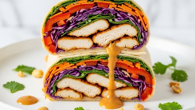 A close-up image of a cut wrap showing two halves stacked on a white plate with a white marbled background. The wrap has five visible layers starting with a light beige tortilla on the outside, followed by bright red sliced bell peppers, vibrant purple shredded cabbage, orange carrot strips, and green leafy herbs mixed inside. The central layer consists of juicy grilled chicken pieces with a golden brown color and charred edges. A creamy brown peanut sauce is drizzled inside the wrap, some dripping slightly onto the plate. Small chopped peanuts and fresh green herbs are scattered around the wrap on the plate. Photo taken with an iphone --ar 4:5 --v 7