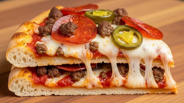 A single slice of pizza on a wooden surface, showing four layers from bottom to top: a light beige crust with a soft texture, a layer of red tomato sauce spread thinly but clearly visible, a melted layer of creamy white cheese stretching slightly, topped with small browned ground beef pieces, red-brown pepperoni slices with shiny spots, and a few green jalapeño slices. The crust edge is golden with a slightly crispy look. The lighting highlights the greasy and melted texture of the cheese and toppings. photo taken with an iphone --ar 4:5 --v 7