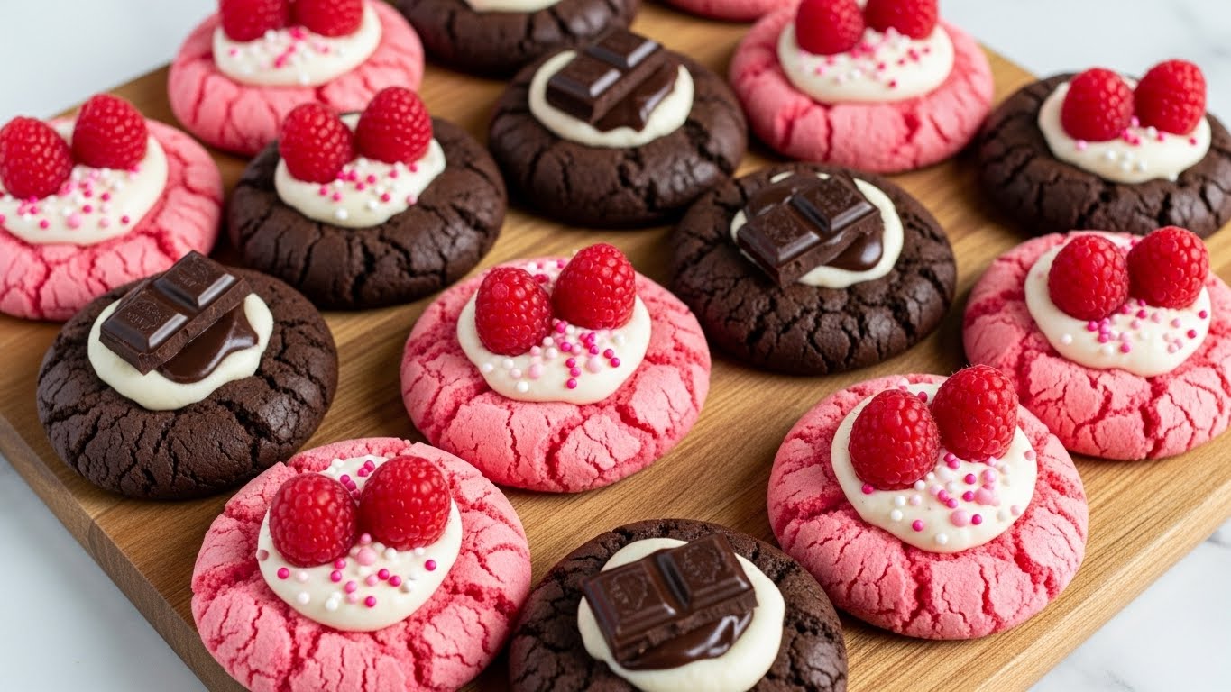 The image shows a wooden board filled with round cookies in two colors: pink and dark brown. Each cookie has a soft, cracked texture, with a dollop of creamy topping in the center, either white or light pink. On top of the cream, there are two fresh raspberries and small pink sprinkles scattered around. Some dark brown cookies also have pieces of dark chocolate placed on them, partially melted and glossy. The overall look is bright and inviting, with the mix of colors making the cookies stand out against the wooden board, which is placed on a white marbled surface. photo taken with an iphone --ar 4:5 --v 7
