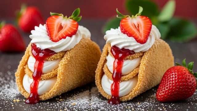 Two crunchy dessert tacos stand on a dark wooden surface, each with three layers inside: a crumb-coated golden shell, a thick white cream filling, and a glossy deep red strawberry sauce dripping out. On top of the cream, there is a swirl of smooth white whipped cream, and a bright red half strawberry with green leaves sits on each taco. Scattered powdered sugar and a whole fresh strawberry lie nearby. The background is softly blurred with red and green colors, creating a fresh, sweet feel. Photo taken with an iphone --ar 4:5 --v 7