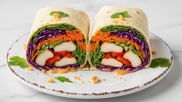 The image shows two pieces of a wrap sandwich cut in half, placed on a white plate with a rustic edge, sitting on a white marbled surface. The wrap has a soft, light beige tortilla shell, tightly wrapped around layers of colorful fillings. Inside, there are grilled chicken pieces with a golden-brown char, surrounded by vibrant layers of shredded purple cabbage, thin green lettuce, bright orange carrot strips, and red bell pepper slices. A creamy, light brown sauce is drizzled inside the wrap, adding a glossy texture to the filling. Small green cilantro leaves and crushed peanuts are sprinkled around the plate for garnish. photo taken with an iphone --ar 4:5 --v 7