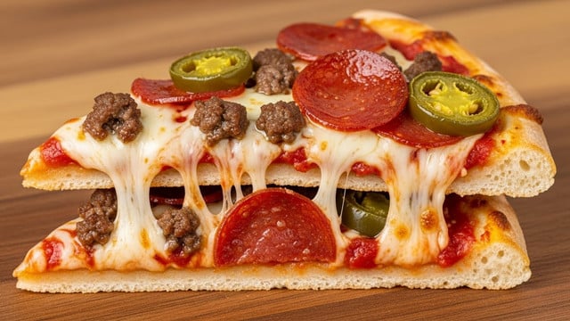 A close-up of a single slice of pizza resting on a wooden surface. The pizza has four clear layers: a light beige, thick and slightly puffy crust at the bottom; a bright red tomato sauce spread evenly on the crust; crumbled ground meat and slices of small reddish-brown pepperoni scattered on top; and a melted layer of creamy white mozzarella cheese with some browned spots and a glossy texture covering the toppings. The pizza slice has a golden-brown edge from baking. photo taken with an iphone --ar 4:5 --v 7