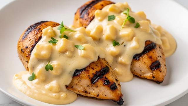 The dish shows two thick pieces of grilled chicken breast in a white plate, each piece covered with a creamy light yellow sauce that has small chunks and a smooth, melted texture. The chicken has a golden brown grilled surface with some charred spots visible under the sauce. Small green herbs are sprinkled on top of the sauce, adding a fresh green color. The sauce pools slightly around the base of the chicken, making the edges look moist and glossy, all set on a white marbled surface. photo taken with an iphone --ar 4:5 --v 7