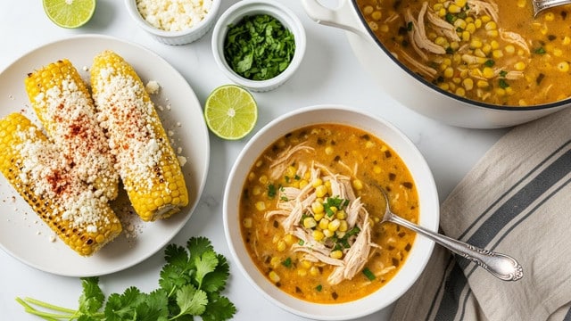 A white bowl filled with creamy soup that has a light orange color, showing small flecks of spices and herbs in the broth. On top, there are shredded white pieces of chicken, vibrant yellow corn kernels, and light green sliced pickled jalapenos, mixed with fresh chopped green herbs. The surface is sprinkled with crumbly white cheese that looks soft and moist. A metal spoon rests inside the bowl on the right side. Next to the bowl, on a white marbled surface, is a smaller white bowl filled with the same crumbly white cheese. A folded cloth with white and dark blue stripes is partly visible at the bottom right corner. photo taken with an iphone --ar 4:5 --v 7