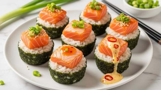 The image shows six bite-sized sushi cups on a white plate. Each cup is made of dark green crispy seaweed forming a small bowl. Inside each seaweed cup is a layer of white sticky rice topped with bright orange cooked salmon pieces. Some salmon pieces have a smooth, slightly shiny look with a drizzle of orange sauce, and others are garnished with green chopped spring onions and white sesame seeds. One of the sushi cups has an extra drizzle of a pale yellow sauce with small bits of red chili. The plate sits on a white marbled surface, and green onion pieces are scattered around, with a small bowl of chopped onions and a pair of dark chopsticks nearby. Photo taken with an iphone --ar 4:5 --v 7