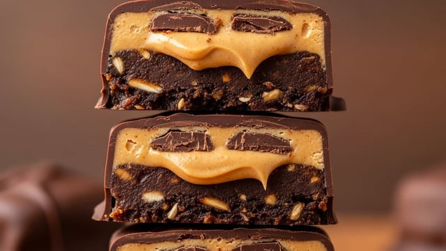 The image shows a close-up of a stack of three round treats, each with three visible layers. The bottom layer is dark brown and sticky, resembling a date or caramel base. The middle layer is a thick, creamy peanut butter-colored filling that looks smooth and slightly runny, oozing out between the other layers. The top layer is a rich, dark chocolate coating that is thick and slightly glossy, with some pieces broken off showing the filling beneath. The treats are stacked on each other against a blurred brown background. photo taken with an iphone --ar 4:5 --v 7