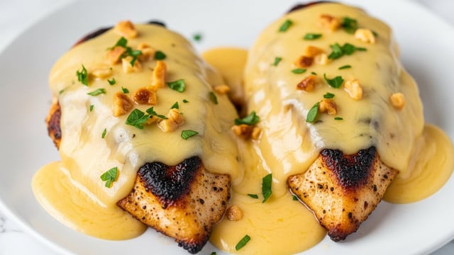A close-up view of two pieces of cooked chicken breast arranged on a white plate with a slightly charred, golden-brown surface. Each chicken piece is covered by one thick layer of creamy, melted cheese sauce that is pale yellow with small bits of herbs and finely chopped green parsley sprinkled on top. There are visible chunks of garlic or nuts scattered on the melted cheese. The creamy sauce pools lightly around the base of the chicken, showcasing a smooth and glossy texture. The scene is set on a white marbled textured surface, enhancing the richness of the dish. Photo taken with an iphone --ar 4:5 --v 7