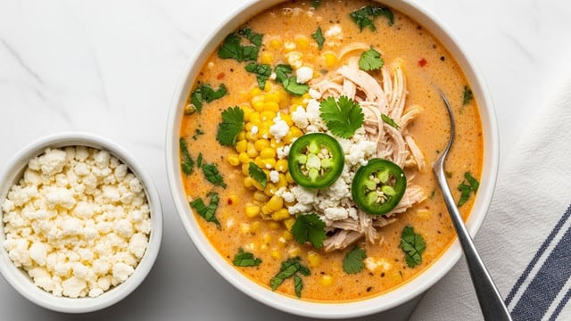 A white bowl filled with creamy chicken corn soup shows shredded white chicken pieces and small golden-yellow corn kernels floating in a slightly thick, light orange broth with green herb flecks; a vintage silver spoon rests inside the bowl on the right side. Above, a large white pot also contains the same soup with visible chicken and corn. To the left, a white plate holds three grilled corn cobs covered with a layer of white crumbly cheese and sprinkled with red chili powder. Fresh green cilantro leaves lie below the plate. Nearby, small white bowls hold more cratered white cheese, chopped green herbs, and lime wedges. The whole scene is set on a white marbled surface with a cream cloth and striped napkin nearby. Photo taken with an iphone --ar 4:5 --v 7