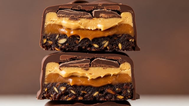 A close-up of two halves of a dark chocolate-coated banana treat held by a woman's hand, showing three distinct layers inside: a rich, textured dark brown banana slice on top, a smooth, glossy light brown peanut butter layer in the middle that oozes slightly, and small white nut pieces scattered throughout. The outer dark chocolate shell has a shiny, slightly cracked surface with some flaked edges. The background is softly blurred with a warm tone and a white marbled texture surface visible. photo taken with an iphone --ar 4:5 --v 7