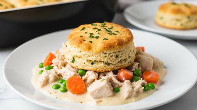A white plate holds a golden brown biscuit on top of a creamy mixture with visible chunks of shredded chicken, bright orange carrot pieces, and green peas. The biscuit has a slightly flaky texture with small green herb bits sprinkled on top. The creamy base looks thick and smooth, pooling gently around the vegetables and chicken. The image has a warm tone with a white marbled surface faintly visible underneath. In the background, there is a blurred black baking dish with more of the same dish inside, and another white plate with a smaller biscuit on it, all softly out of focus. photo taken with an iphone --ar 4:5 --v 7