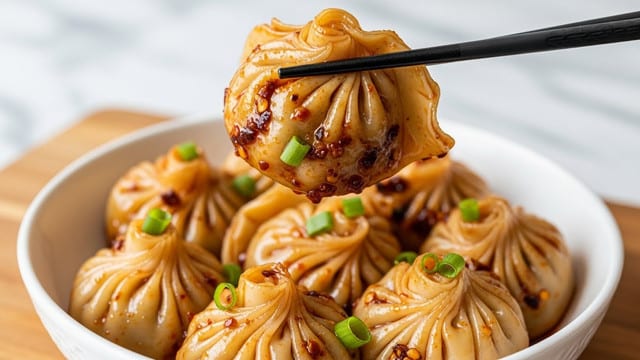 A close-up view of a glossy, folded dumpling held by black chopsticks is shown above a white bowl filled with several similar dumplings. Each dumpling is coated with a shiny, spicy reddish-orange sauce mixed with bits of chili flakes and garnished with small green onion pieces. The dumplings have a wrinkled, soft texture with ridges formed from the folding. The bowl rests on a wooden cutting board, and the background has a soft focus with a white marbled surface. photo taken with an iphone --ar 4:5 --v 7