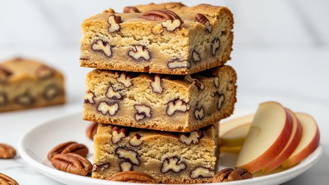A stack of three thick, square blondies with a golden-brown crust, filled with visible chunks of pecans scattered throughout each layer, sitting on a white plate with some pecan pieces around the base. The blondies have a crumbly texture with a moist inside showing a mix of light beige and darker brown nut pieces. To the side, thin slices of apple add a fresh touch, all set on a white marbled surface with a blurred background. Photo taken with an iphone --ar 4:5 --v 7
