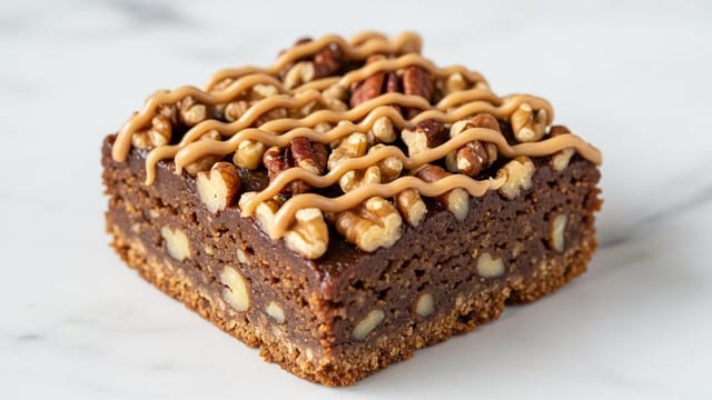 The image shows a single square piece of nut-topped dessert bar on a white marbled surface. The dessert has one thick brown base layer with a rough texture filled with visible chunks of nuts throughout. On top, there is a generous sprinkle of chopped walnuts and pecans embedded slightly into the surface, adding a crunchy texture. Thin lines of light brown glaze are drizzled over the top in a loose pattern, adding moisture and shine. The dessert looks dense, with a mix of smooth and crunchy textures. Photo taken with an iphone --ar 4:5 --v 7