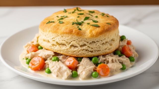 A white plate with a thick golden brown biscuit on top, sprinkled with small green herb pieces, sitting over a creamy layer filled with orange carrot chunks, green peas, and shredded light-colored chicken in a white sauce. The biscuit has a fluffy, soft inside texture, and the creamy mix beneath it looks rich and smooth, spreading slightly around the base. The dish is placed on a white marbled surface with a warm, cozy background. photo taken with an iphone --ar 4:5 --v 7