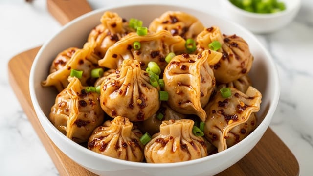 A white bowl filled with about ten dumplings covered in a glossy, orange-red spicy sauce with chili flakes spread over them. The dumplings are folded and wrinkled, showing a soft texture, and are sprinkled with chopped green onions. The bowl is placed on a wooden board with a white marbled surface background, and a small white bowl with some green bits is seen in the background. Photo taken with an iphone --ar 4:5 --v 7