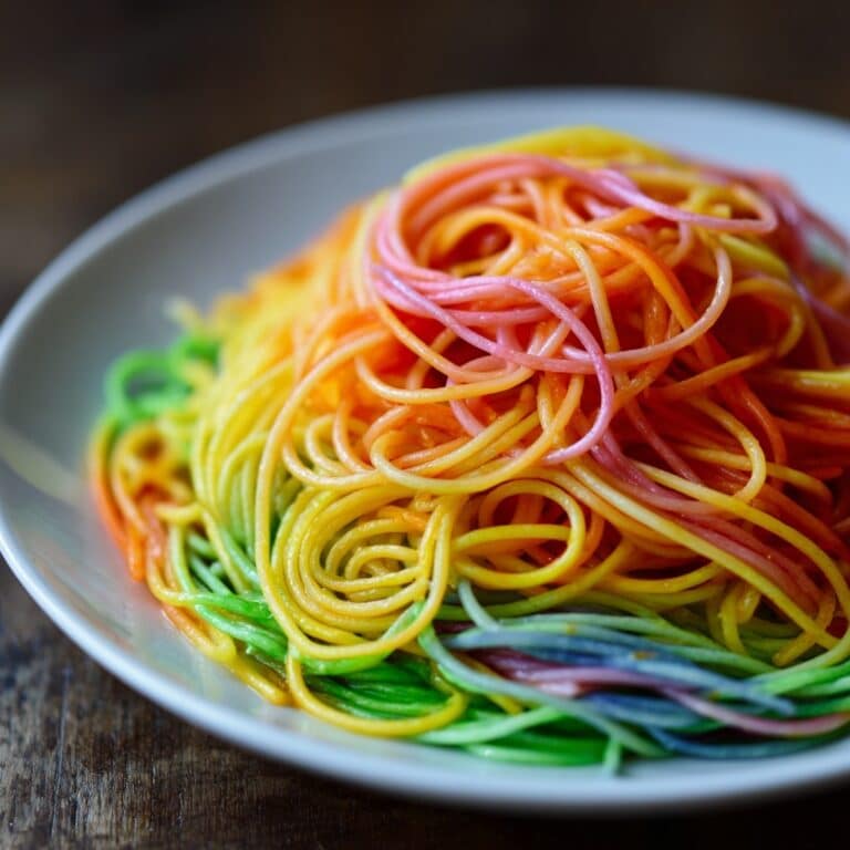 Rainbow Spaghetti with Colored Pasta and Salad Recipe