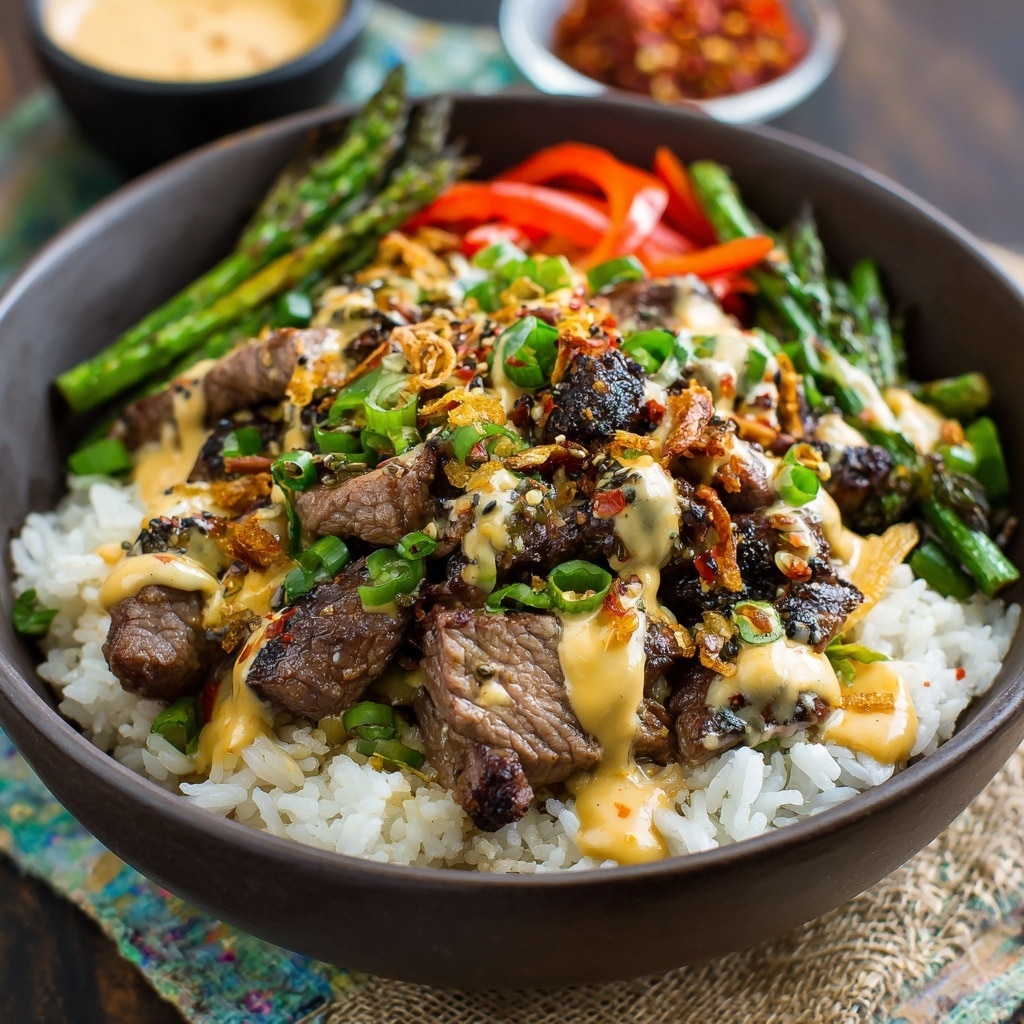 Korean BBQ Steak Rice Bowls with Spicy Cream Sauce Recipe