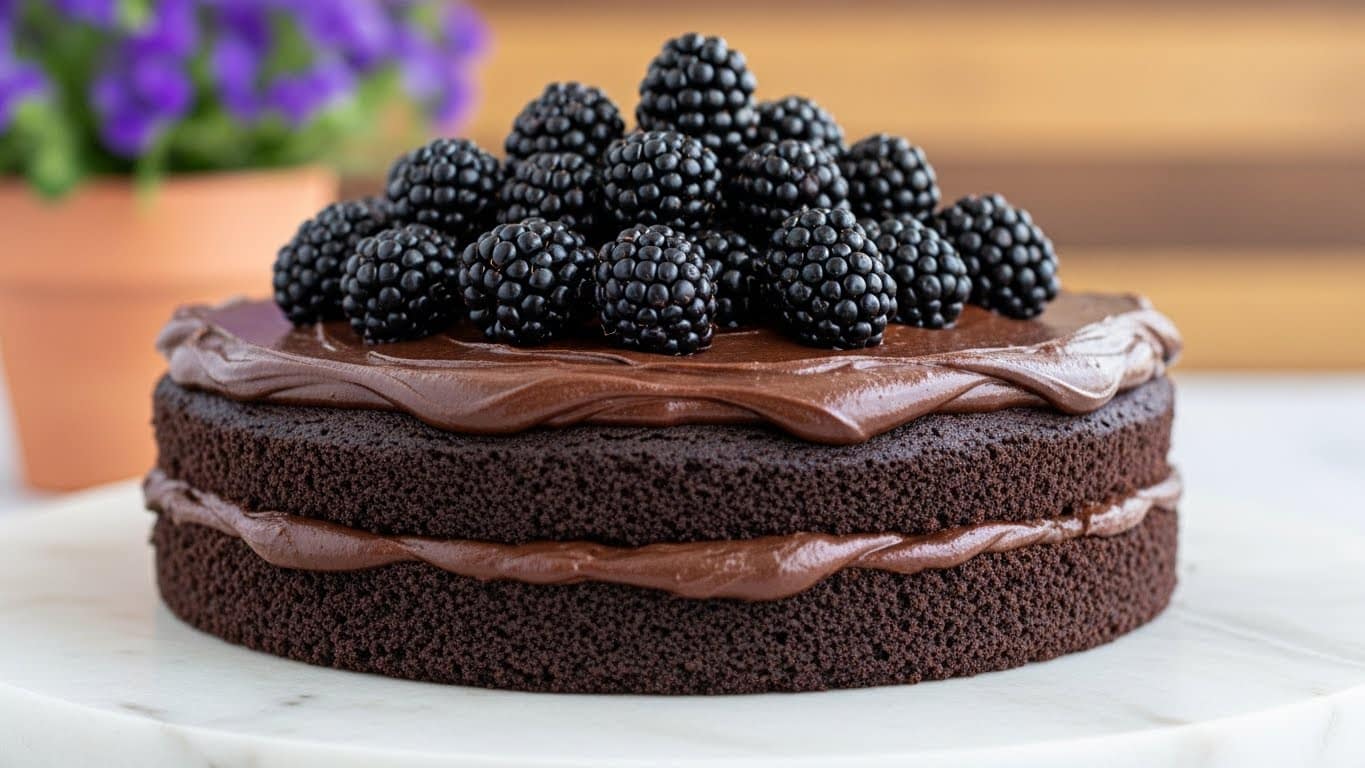 A two-layer chocolate cake sits on a wooden round board, each layer dark brown and moist, with the top covered in a smooth, glossy dark chocolate ganache. On top, there is a generous pile of fresh blackberries, shiny and plump, adding texture and deep purple-black contrast. The cake is slightly crumbly around the edges, resting outdoors near a terracotta pot of bright purple flowers. The scene shows a natural setting with a soft focus background, and the cake is the clear main focus, displayed on a white marbled texture surface. photo taken with an iphone --ar 4:5 --v 7