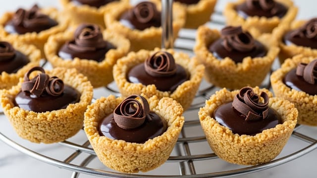 The image shows small tartlets arranged on a tiered metal stand. Each tartlet has a golden, crumbly crust with a rough texture that forms a cup shape. Inside the crust, there is a shiny, dark chocolate filling topped with thin, curly chocolate shavings. The tartlets are closely placed, with the front row in clear focus and the back slightly blurred, creating depth. The background is softly lit, emphasizing the warm colors of the crust and the rich darkness of the chocolate. The surface under the stand is changed to a white marbled texture. photo taken with an iphone --ar 4:5 --v 7