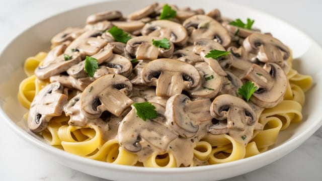 The image shows a close-up of a creamy mushroom pasta dish with wide, flat noodles coated in a thick beige sauce. Large, tender mushroom pieces with a slightly darker brown color are mixed throughout the pasta. The sauce has a smooth texture with a glossy finish, covering both noodles and mushrooms evenly. Small green parsley leaves are sprinkled on top, adding a pop of color to the creamy beige and brown dish. The dish is placed on a white marbled surface. photo taken with an iphone --ar 4:5 --v 7
