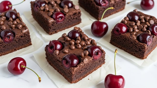 A stack of three thick, rich chocolate brownies sits on a light brown parchment paper spread over a white marbled surface, the brownies showing a moist texture with scattered chocolate chips inside. On top of the brownies, glossy dark red cherries, some whole and some cut in halves, add a shiny contrast. A woman's hand is holding a bright red cherry by the stem just above the top brownie. Around the stack, there are more brownies topped with cherries and some loose cherries scattered nearby. In the blurred background, two clear glass bottles of milk stand side by side. photo taken with an iphone --ar 4:5 --v 7