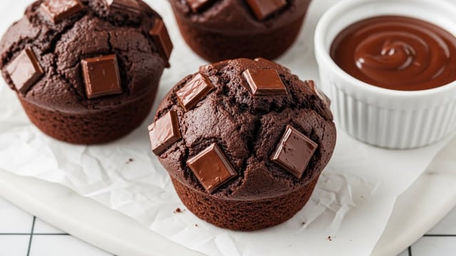 Three dark brown, cracked chocolate muffins with a shiny, slightly rough top are shown close-up, each studded with several large, glossy chunks of melted dark chocolate embedded on top. They sit on a white parchment paper laid over a white marbled surface with a grid pattern barely visible beneath. To the right, there is a small white ramekin filled with smooth, dark chocolate sauce. The overall scene has soft natural lighting highlighting the rich texture of the muffins. photo taken with an iphone --ar 4:5 --v 7