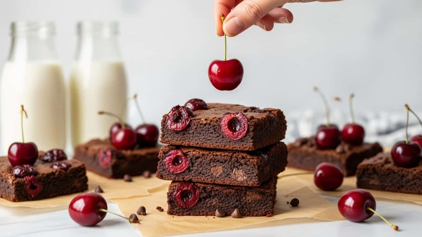 The image shows several square brownies placed on crumpled light beige parchment paper over a white marbled surface. Each brownie has one visible thick layer that is dark brown and looks moist and fudgy, with glossy melted chocolate chips scattered on top. There are also halves of dark red cherries, shiny and juicy, embedded into the brownie tops. Around the brownies, whole dark red cherries with stems are placed randomly, adding a fresh and colorful contrast. The brownies have slightly rough edges and a rich texture. photo taken with an iphone --ar 4:5 --v 7