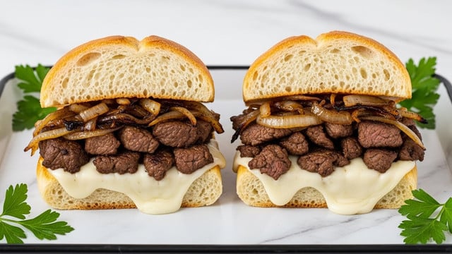The image shows two halves of a sandwich on a white marbled textured metal tray. Each half has three main layers: the top layer is a light golden brown crusty bread with a soft and airy inside, the middle layer contains dark brown cooked pieces of meat mixed with caramelized golden-brown onions, and the bottom layer is made up of melted white cheese that slightly drips over the meat and onions, adding a creamy texture. Around the tray, there are small sprigs of fresh green parsley for decoration. Photo taken with an iphone --ar 4:5 --v 7