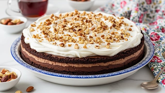 A slice of three-layer chocolate dessert sits on a white round plate with a white marbled surface background. The bottom layer is a dark chocolate crust, firm and crumbly in texture. Above it is a thick, smooth dark chocolate filling, rich and glossy. The top layer is a thick, creamy white whipped topping spread evenly, slightly fluffy with small peaks. On top of the whipped layer are thin chocolate shavings scattered lightly, adding a textured contrast. The scene is bright and clean, showing all layers clearly. Photo taken with an iphone --ar 4:5 --v 7