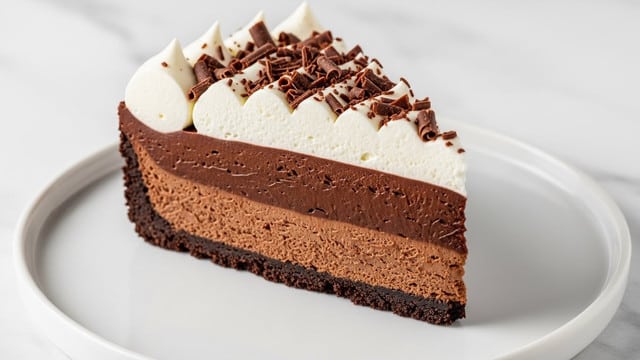 A multi-layered pie in a white ceramic dish with a blue decorative pattern around the edge, placed on a white marbled surface. The bottom layer is a dark chocolate crust, thick and crumbly, topped by a smooth, dense, dark chocolate filling in the middle layer. Above this is a thick, fluffy white cream layer spreading evenly on top, sprinkled generously with chopped nuts that add a rough texture and brown color. Around the pie, there are small bowls with nuts and a cup of dark tea, along with a floral patterned cloth nearby. The photo taken with an iphone --ar 4:5 --v 7