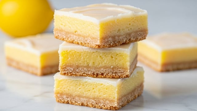 Three square lemon bars are stacked on top of each other on a white marbled surface, showing a clear layer structure. The bottom layer is thin and golden brown with a slightly crisp texture. The middle layer is thick, soft, and a pale yellow color, looking moist and dense. The top layer is very thin and white, smooth like a light icing with a few cracks. A blurred yellow lemon in the background adds to the fresh look. photo taken with an iphone --ar 4:5 --v 7