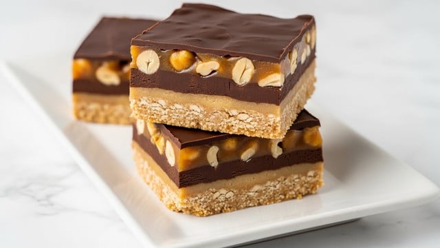 Two square bars of layered dessert rest on a white rectangular plate lined with brown parchment paper on a white marbled texture. Each bar has four visible layers: the bottom is a light tan, crunchy nut and oat base, followed by a thick dark brown chocolate layer, then a smooth caramel middle layer with a slightly glossy texture, topped by another thick dark chocolate layer. The very top is covered with golden caramelized nuts and small, round beige crunchy bits, adding texture and shine. The bars have clean cut sides showing layered contrast, with soft edges and a rich, inviting appearance. photo taken with an iphone --ar 4:5 --v 7