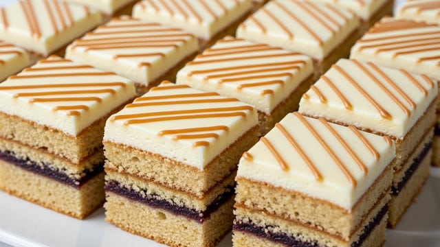 The image shows a close-up of square cake slices arranged neatly in rows on a white plate, each slice with three clear layers. The bottom layer is a light brown cake with a soft, spongy texture. Above this, there is a thin dark layer that looks like jam or a fruit filling. The top layer is creamy and white with smooth icing that has thin caramel-colored lines drizzled diagonally across it in a uniform pattern. The edges of the cake slices are clean and sharp, showing the clear separation of layers. Photo taken with an iphone --ar 4:5 --v 7