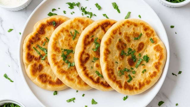 The image shows four golden-brown flatbreads stacked slightly overlapping on a white plate, each with a crispy texture on the outside and soft, light inside. The flatbreads are sprinkled with small, finely chopped green herbs evenly spread on top and around the plate, adding a fresh touch. The background has a white marbled texture, and there are small bowls with sauces and extra herbs partially visible around the plate. Photo taken with an iphone --ar 4:5 --v 7