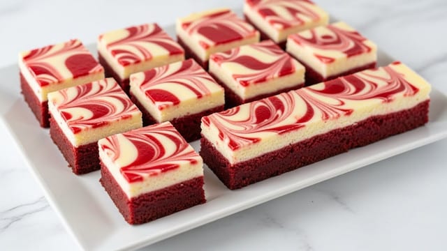 A rectangular white plate holds a batch of red velvet cheesecake brownies cut into squares and one long piece. The bottom layer is deep red with a smooth, dense texture. The top layer is creamy white with thick swirls of red velvet batter creating a marbled pattern that spreads across each piece, giving a contrast of rich red and snowy white waves. The white marbled surface under the plate adds brightness and clean simplicity to the setting. photo taken with an iphone --ar 4:5 --v 7