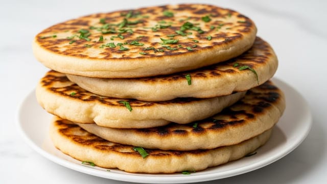 The image shows a stack of about four thick, toasted flatbreads with golden brown spots on their surface, layered on each other slightly tilted, revealing a soft inside texture. Each flatbread is sprinkled with small green herbs, adding a fresh touch on top. The flatbreads have a slight shine from oil or butter and look soft but crispy at the edges. They are placed on a simple white plate on a white marbled background. Photo taken with an iphone --ar 4:5 --v 7