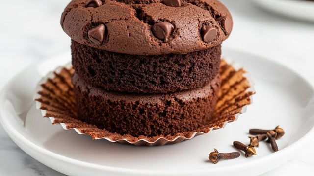The image shows a close-up of a chocolate muffin with three layers: the top layer is dark brown and cracked with chocolate chips scattered on it, the middle layer is moist and dense chocolate cake with visible chocolate crumbs, and the bottom layer is a slightly lighter brown muffin liner partly peeled back, resting on a white plate with a white marbled surface underneath. A few small cloves lie beside the plate. Photo taken with an iphone --ar 4:5 --v 7
