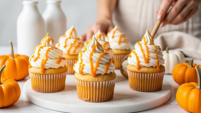The image shows several cupcakes on a white marbled surface with a few small pumpkins around. Each cupcake has a golden-brown base with light ridges and is topped with a tall swirl of white cream. The cream is drizzled with a bright orange sauce in thin lines. In the background, there are white bottles and a beige cloth adding soft contrast. A woman's hand holding a wooden spoon is seen near the cupcakes. The overall color palette includes warm orange, white, and golden brown tones. photo taken with an iphone --ar 4:5 --v 7