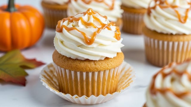 The image shows a close-up of a cupcake with three layers visible: the cupcake base is golden brown with a soft texture, topped by a creamy white frosting that is swirled in thick, smooth layers, and finished with light brown caramel drizzle that adds a glossy look over the top. The cupcake is in a white paper liner, sitting on a white marbled surface. In the background, other cupcakes with the same decoration are blurred, and a small orange pumpkin with green leaves is visible to the left. The lighting is soft, highlighting the textures of the frosting and cake. photo taken with an iphone --ar 4:5 --v 7