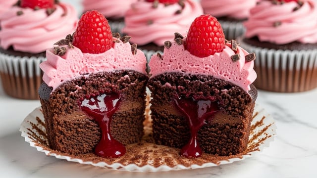 A close-up of a chocolate cupcake cut in half, showing three clear layers: at the base, a dark brown moist chocolate cake; in the middle, a glossy deep red raspberry filling oozing out; and on top, a swirl of smooth pink raspberry frosting with a fresh red raspberry sitting at the center. Small dark chocolate pieces are sprinkled on the frosting. The cupcake liner is white, and other similar cupcakes with the same frosting and chocolate pieces are blurred in the background on a white marbled surface. photo taken with an iphone --ar 4:5 --v 7