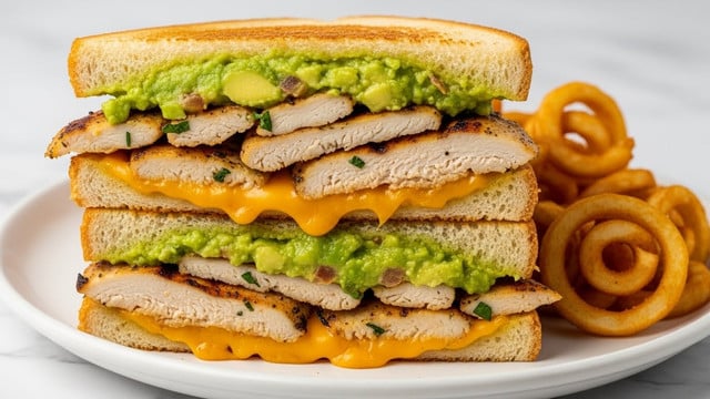The image shows a sandwich cut in half and stacked, with three visible layers of toasted golden brown bread. The top layer features a spread of green guacamole with a slightly chunky texture, followed by pieces of grilled chicken with a light char and some herbs. Below the chicken, there is melted orange cheddar cheese dripping slightly. The middle bread layer separates this from another spread of guacamole and grilled chicken with more melted cheddar cheese. The sandwich is placed on a white plate with curly fries on the side, all set on a white marbled texture. photo taken with an iphone --ar 4:5 --v 7