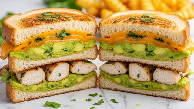 The image shows a close-up of a stacked sandwich cut in half, displaying four layers of white toasted bread with a crispy golden-brown texture and light charring. The first layer consists of melted orange cheddar cheese with some fresh green herbs sprinkled on top. The second layer has grilled chicken pieces that are light brown with herbs, topped with a bright green chunky guacamole spread. This repeats in the second sandwich half, creating a thick, hearty look. The sandwich is placed on white marbled texture with some scattered herbs and crinkle-cut fries blurred in the background. photo taken with an iphone --ar 4:5 --v 7