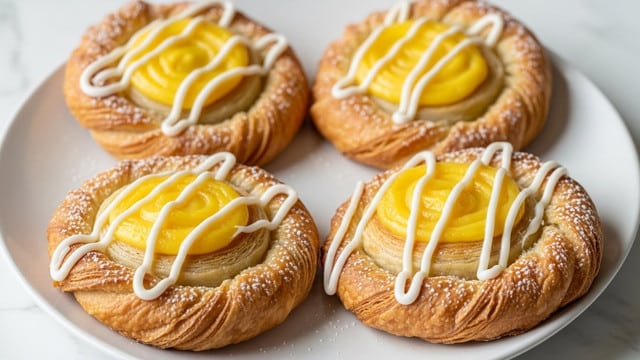 Four golden brown, flaky pastries sit on a white plate, each shaped in a loose spiral with layers of crisp, puffed dough. The pastries have a rich yellow custard swirl in the center, topped with thick white icing lines that create a soft contrast. Light dustings of powdered sugar sparkle over the flaky edges. The plate rests on a white marbled surface, adding a clean and bright background to the warm and soft textures of the pastries. photo taken with an iphone --ar 4:5 --v 7