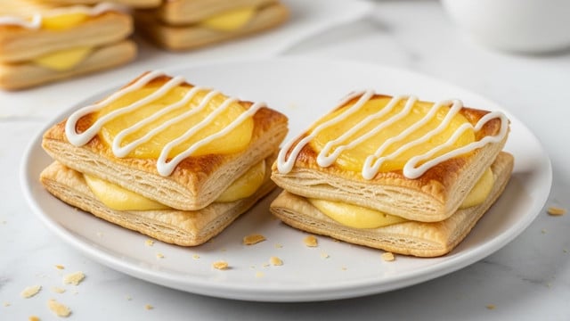 The image shows two square-shaped pastries on a white plate placed on a white marbled surface. Each pastry has three clear layers of light golden-brown, flaky puff pastry at the base, with a smooth cream-colored custard filling on top, slightly browned near the edges. The pastries are finished with five thick, white icing lines drizzled diagonally across the top. There are some small crumbs scattered around the pastries on the plate. In the background, more pastries and a white cup are slightly out of focus. Photo taken with an iphone --ar 4:5 --v 7